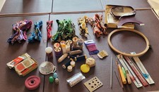Large bundle of sewing items, magnifier, crotchet hooks, needles, wax, threads