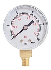 Pressure Gauge 0/15 PSI & 0/1 Bar 40mm Dial 1/8 BSPT Bottom Acc. 2.5% SEE VIDEO