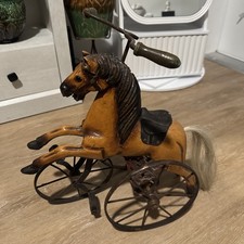 Antique Wooden Horse Tricycle Toy – Cast Iron Wheels – Glass Eyes – Rare 1800s