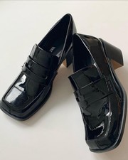 Zara Stylish Black Patent Leather Block Heel Loafers UK 6 EUR 39