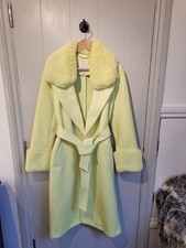 River Island Lime Belted Coat UK Size 10 Faux Fur Cuffs & Collar NWT