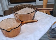 2 "Corning Vision" Smoked Amber  Glass Saucepans. Fluted Sides, VGC