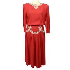 Vintage 80s Sarah Elizabeth Midi Dress Sz L Red Braided Scallop Trim Button Back
