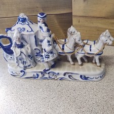 Vintage Colonial Style Porcelain Couple in 4 Horse Drawn Carriage 