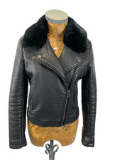 TOPSHOP JACKET AVIATOR 10 BLACK faux PU Leather Detached Faux Fur Biker Zip