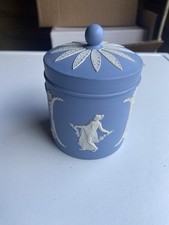 Wedgwood Jasperware blue lidded jar with dancing ladies, approx 11cm
