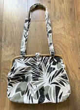 Linen Mix White/Grey/Black Tropical Leaf Pattern Large Handbag 