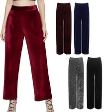 Womens Plain Velour Velvet Pocket Wide Leg Palazzo Trousers Ladies Plain Bottoms