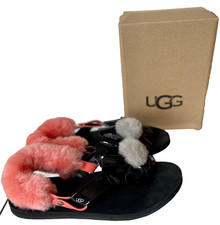UGG Poppy Flower 3D Pom-Pom Fluffy Removable Strap Flip Flops 12 Patent Black