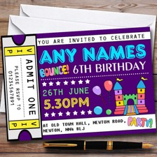 Purple Bouncy Castle Ticket Personalised Childrens Birthday Party Invitations
