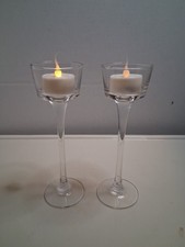 2 Clear Glass Tealight Candle Holder 8" Tall Thin Pedestal Stem. A3