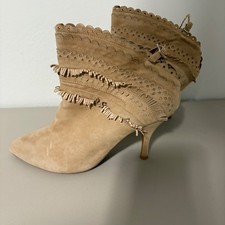 Jeffrey Campbell Tan Suede Fringe Scalloped Pointed Toe Stiletto Ankle Boots