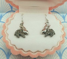 Vintage 925 Sterling Silver and Marcasite Bunny Rabbit Drop Earrings With Box