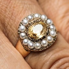 Antique Georgian Citrine & Pearl Cluster Ring 14K Gold - c.1800