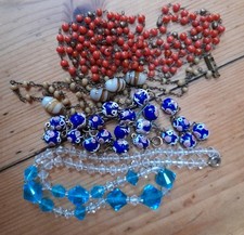 4 vintage antique glass beads necklaces wedding cake, turquoise crystal, flapper