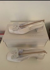 Charles & Keith Satin Slingback Heels Ivory Cream Bow Detail Block Heel Shoes