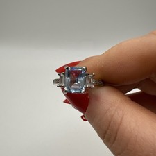 Natural London Blue Topaz Emerald Cut Ring 925 Silver Size P 1/2 UK 8.5 US