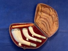 SUPERB ANTIQUE MEERSCHAUM PIPE, CIGAR & CIGARETTE HOLDER SET. CASED, AMBER TIP