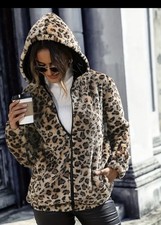 Womens Leopard jacket Faux Fur leopard Full Zip Jacket Hoodie Hoody Size S -XL