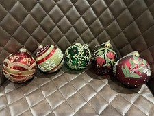 5 beautiful large red & green glass baubles hanging tree decorations ornaments 