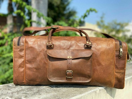 Leather bag travel duffel - bag,