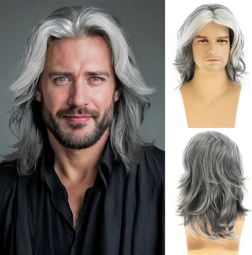 Mens wig grey long - long, straight