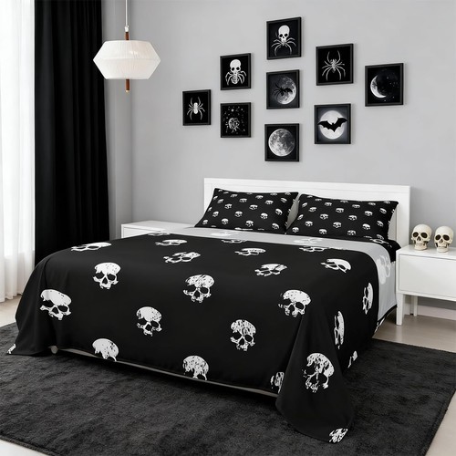 White skull bed sheet set - skull,
