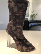 STRETCH PULL ON CAMO SOCK OPEN TOE PERSPEX HI HEEL SHOE BOOT SIZE 6