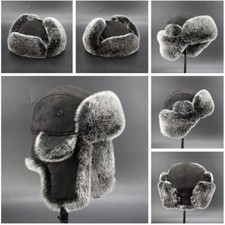 Vintage Men's Trapper Hat Cap Ski Russian Cossack Faux Fur Suede Leather Winter