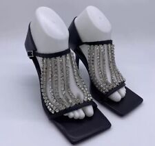 Zara 2020 Cruise Sandals 37 Sparkly Rhinestone Black Leather Square Toe Heels