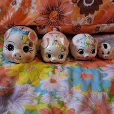 vintage 1960s pig money banks various sizes x 4 Japan big eyed cute pigs