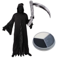 ADULT GRIM REAPER COSTUME SCYTHE AND FACE PAINT DEATH MENS HALLOWEEN FANCY DRESS