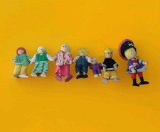 Vintage Dolls House Figures Wooden X7 Posable Fireman,Mum,3Girls,Boy,Baby,Pirate