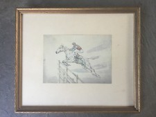 Racehorse & jockey cross country eventing grey watercolour vintage c.1957