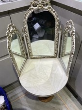 Vintage Old Triple Dressing Table Mirror White And Gold Cast Metal 