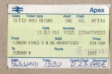 APTIS special card - Apex London King's Cross to Durham at 15.30 18 Jul 1991 