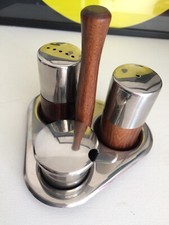 VINTAGE TEAK WOOD + CHROME STAINLESS STEEL CRUET SET SALT MID CENTURY MODERN