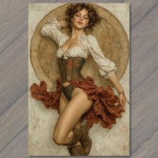 POSTCARD Burlesque Dancer Red Skirt Corset Boots Vintage Western Cabaret Style