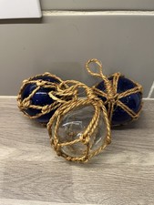 3 x vintage glass fishing floats blue and clear hand blown buoy rope net