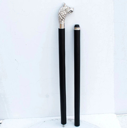 Wolf walking cane silver brass