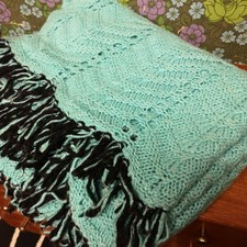 Teal Blue Pretty Knitted Stripy Tasselled Bedspread Blanket Throw