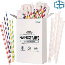DISPOSABLE PAPER DRINKING STRAWS BIODEGRADABLE IN 6 BRIGHT COLOURS PACK OF 150