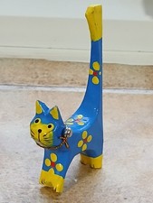 Souvenir 4" Ring Tree Blue + Yellow Cat Painted Wood From Malta VTG 80s VGC