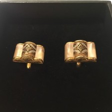 Vintage Cufflinks Damascene Faux Mother Of Pearl Black Gold Tone Ornate Backs