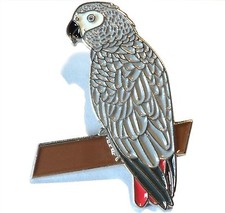 African Grey Parrot On Perch Metal Enamel Pin Bird Badge 34mm Brooch NEW