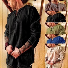 Mens Medieval Viking Piracy Lace Up Tunic Tops Shirt Retro Jumper Costume Blouse