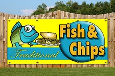 FISH AND CHIPS SHOP PRINTED BANNER FOR OUTDOOR USE PVC SIGN - FOOD TAKE AWAY  
