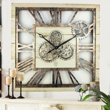 Oversized 24" Gear Wall Clock Square Desert Beige Vintage Rustic Decor
