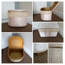 VINTAGE 1950s -CHIC Pink Silk Rose Gold Storage Seat Padded Tassels Ottoman Wood