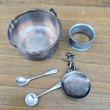 VTG BRASS PETER PAN CADDY SPOON, EPNS BOWL, PEWTER NAPKIN RING, CONDIMENT SPOONS